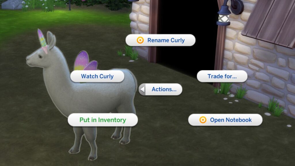 A screenshot from The Sims 4 showing how to place a llama in your sim's inventory