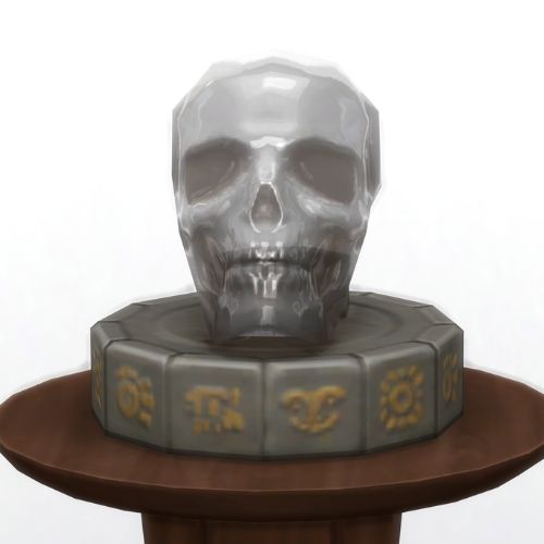 A screenshot from The Sims 4 showing a brown circle table and on top is a light grey skull