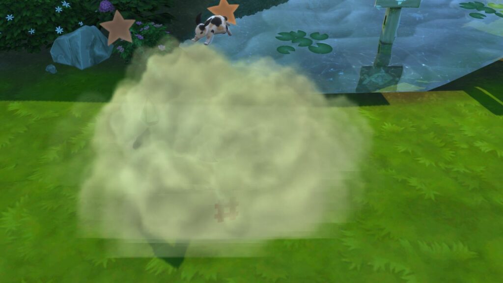 A screenshot from The Sims 4 showing a sim being attacked by a rabbit 