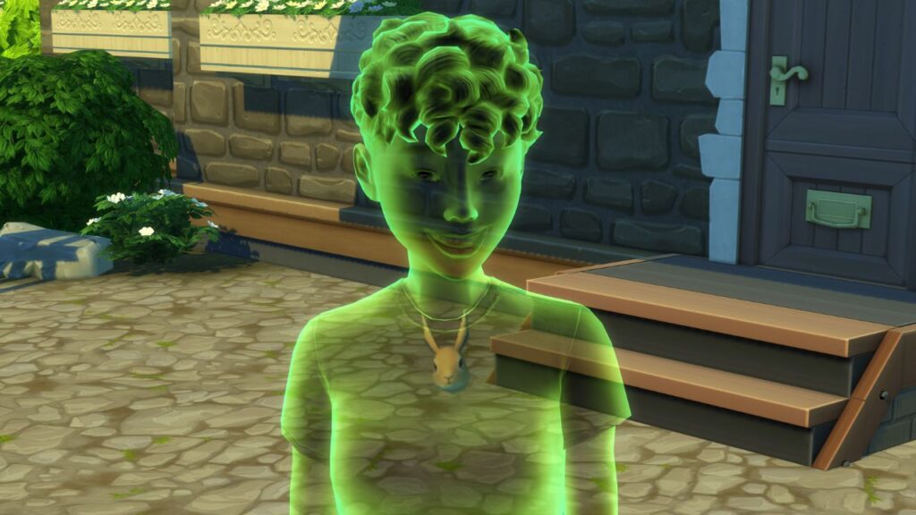 A screenshot from The Sims 4 showing the rabbit death ghost with a ghost in their chest 