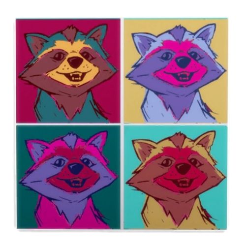 A screenshot from The Sims 4 showing a piece of art with an andy warhol style with four racoons