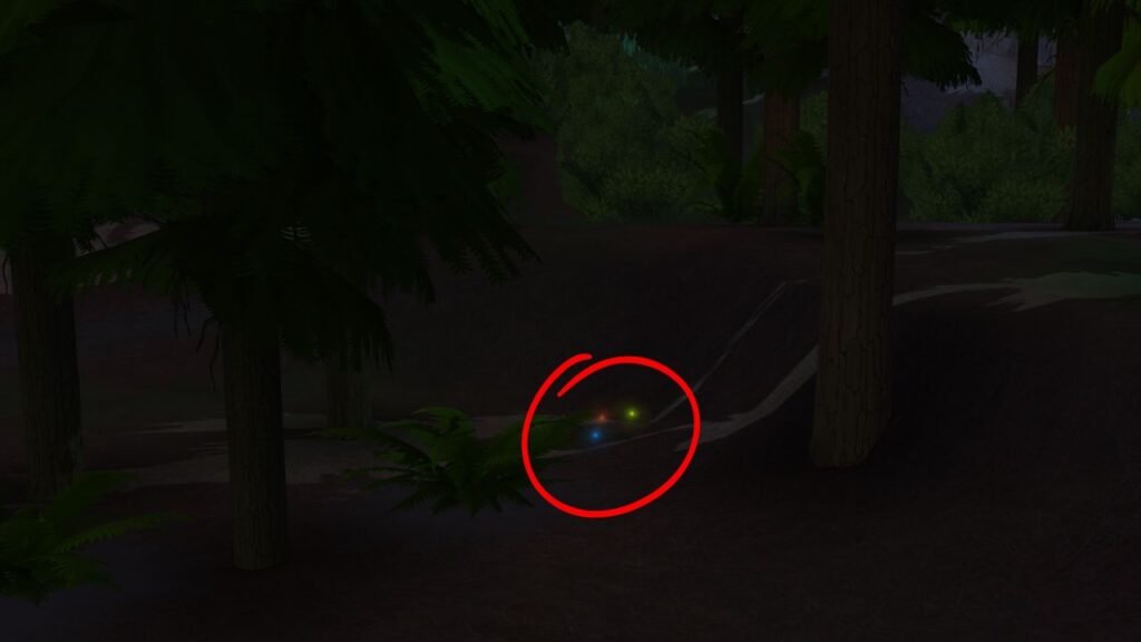 A screenshot from The Sims 4 showing a dark forest with three rainbow fireflies highlighted