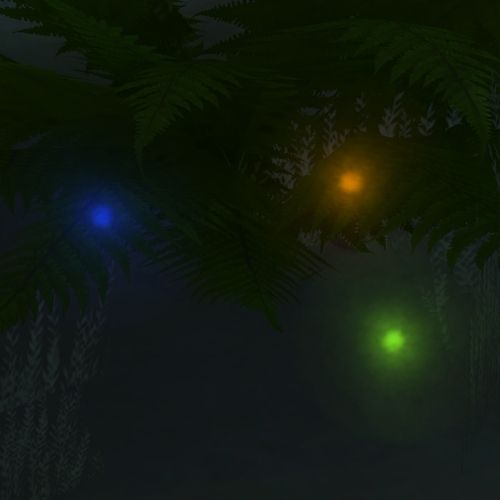A screenshot from The Sims 4 showing three rainbow fireflies