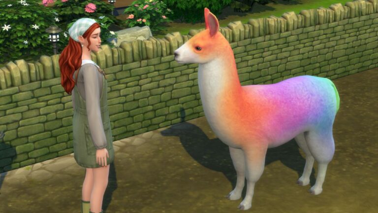 A screenshot from The Sims 4 showing a sim standing with their rainbow llama
