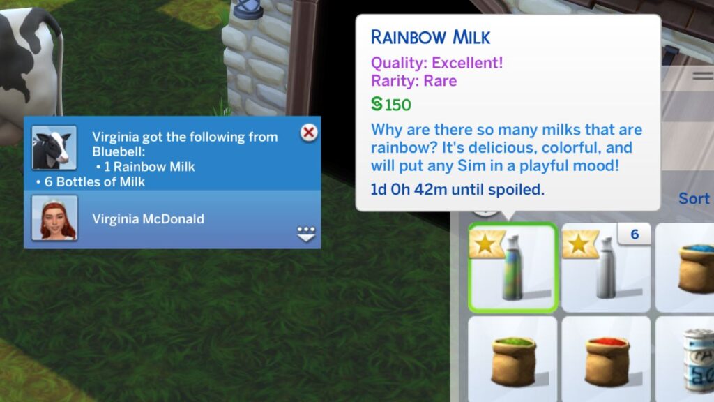 A screenshot from The Sims 4 showing rainbow milk in a sim's inventory