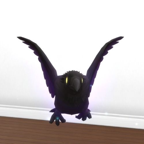 A screenshot from The Sims 4 showing a raven familiar flying with yellow eyes