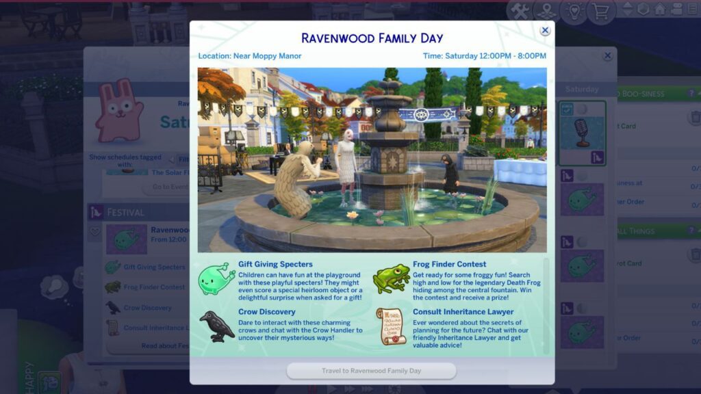 A screenshot from The Sims 4 showing the Ravenwood Family Day festival information