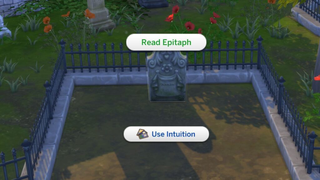 A screenshot from The Sims 4 showing the option to Read Epitaph on a grave 