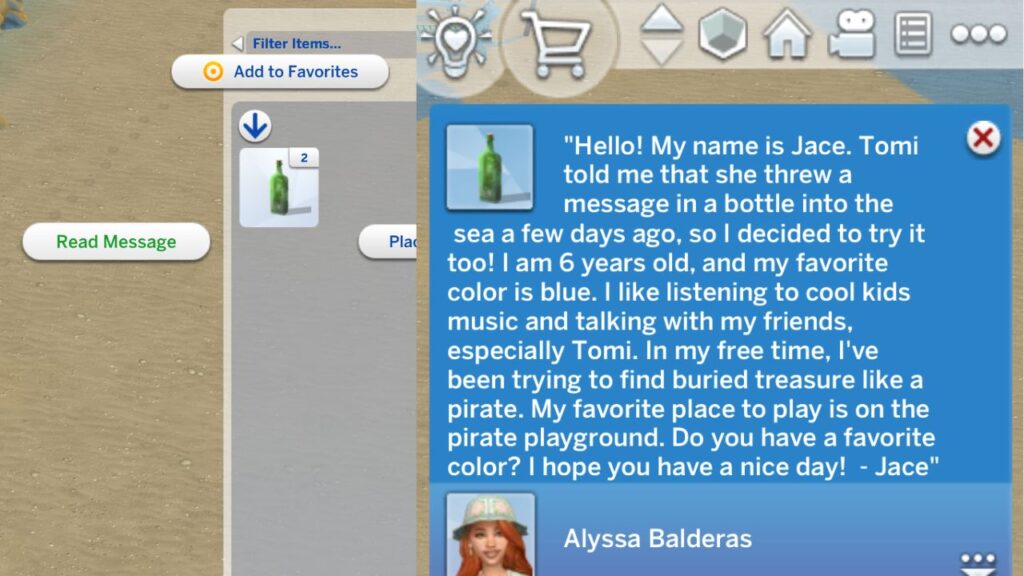A screenshot from The Sims 4 showing how to read a message in a bottle