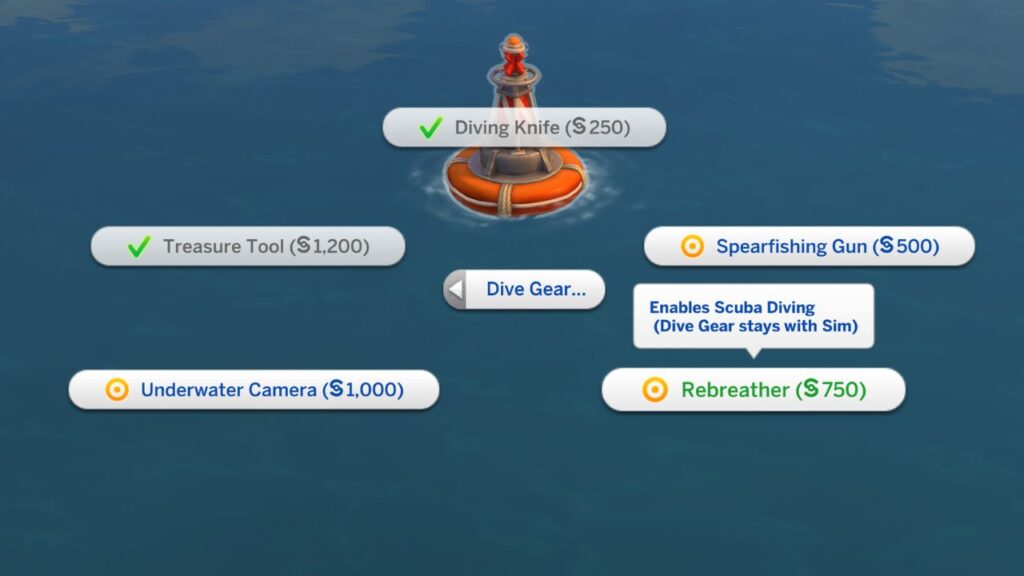 A screenshot from The Sims 4 showing how to purchase a rebreather to scuba dive