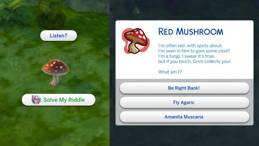A screenshot from The Sims 4 showing the riddle for a red mushroom 