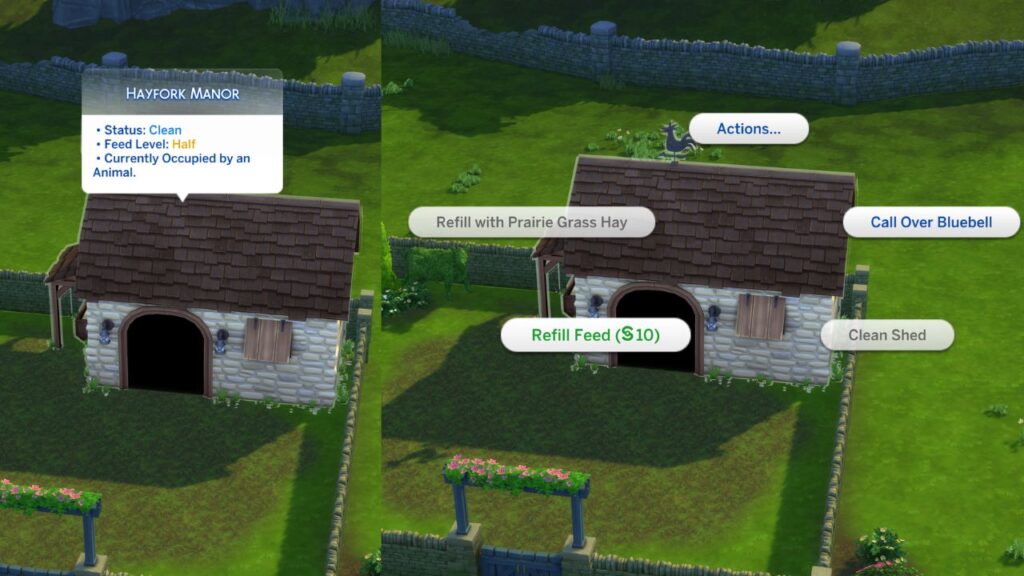 A screenshot from The Sims 4 showing how to refill feed for an animal shed 