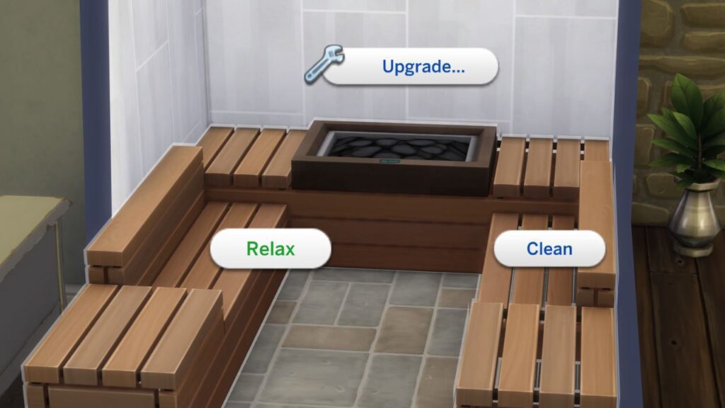 A screenshot from The Sims 4 showing how to relax in a sauna 