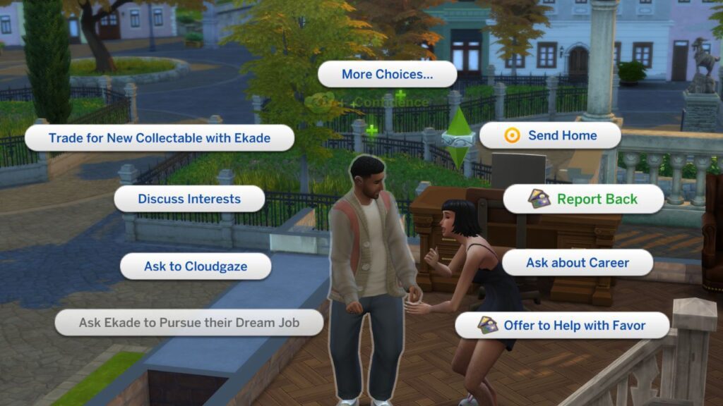 A screenshot from The Sims 4 showing how to report back for the unfinished boo-siness favor 