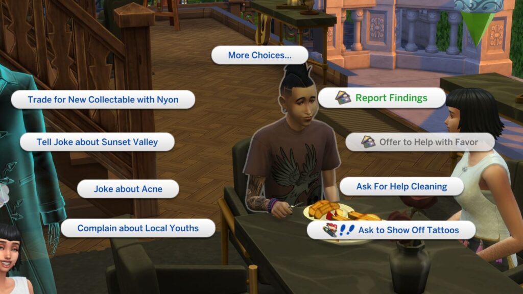 A screenshot from The Sims 4 showing how to report findings for the macabre mysteries favor 