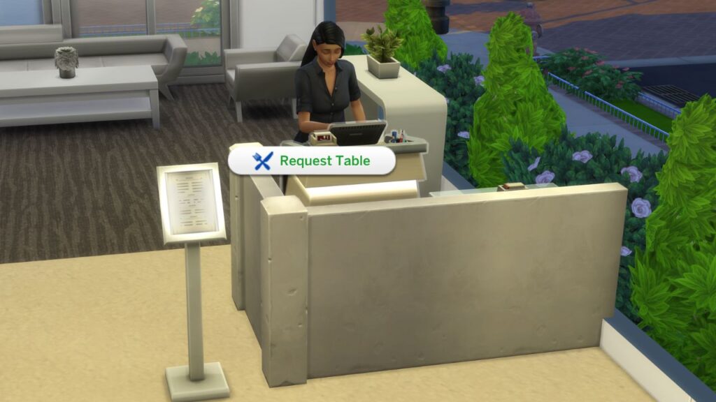 A screenshot from The Sims 4 showing how to request a table at a restaurant