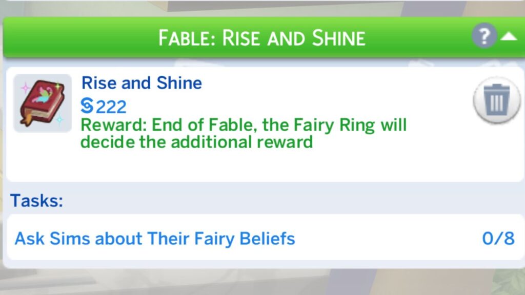 A screenshot from The Sims 4 showing the rise and shine fable tasks