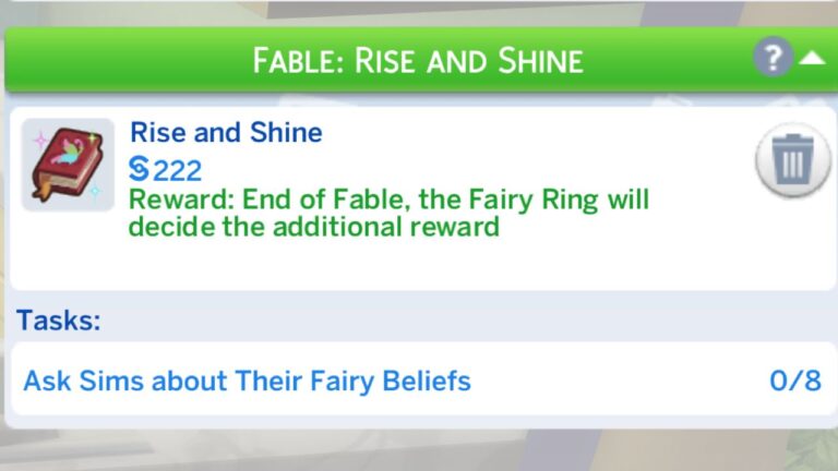 A screenshot from The Sims 4 showing the rise and shine fable tasks