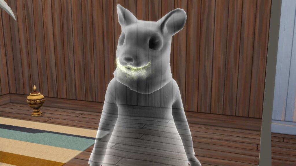 A screenshot from The Sims 4 showing a grey ghost in a rat costume 