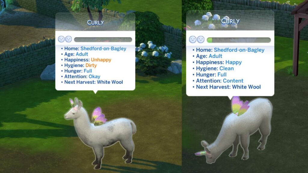 A screenshot from The Sims 4 showing an unhappy llama and a happy llama