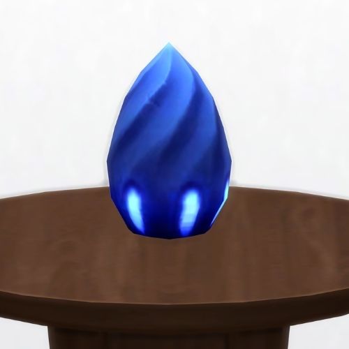 A screenshot from The Sims 4 showing a brown circle table with a blue bean on top