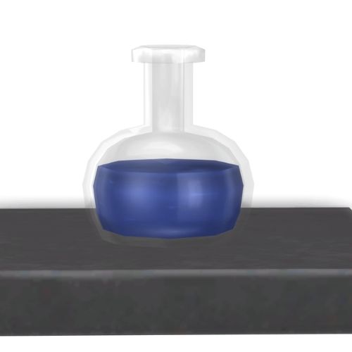 A screenshot from The Sims 4 showing a dark wooden shelf with a sad emotion potion on top