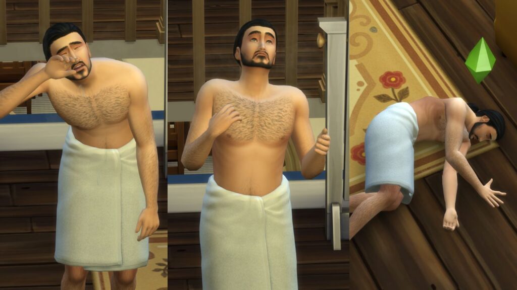 A screenshot from The Sims 4 showing a sim coming out of a sauna 