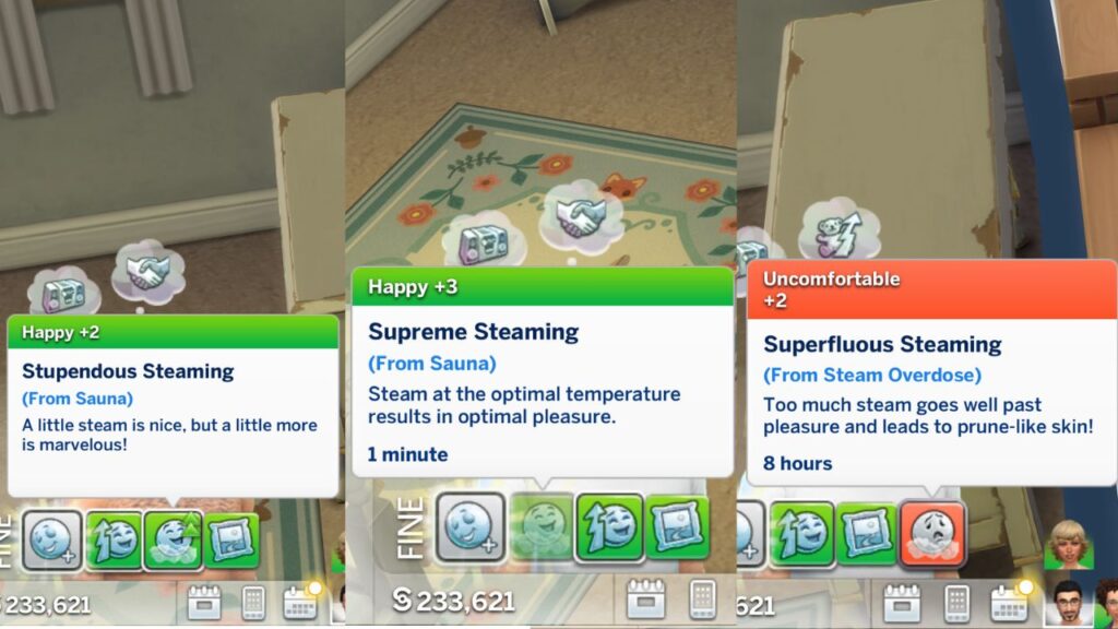 A screenshot from The Sims 4 showing the stages of steaming in a sauna through moodlets 