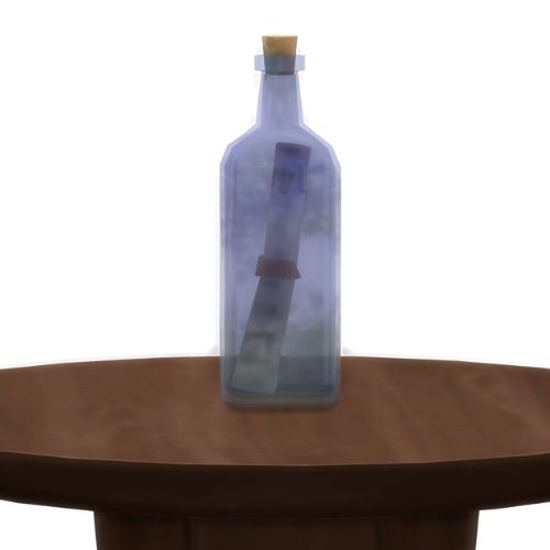 A screenshot from The Sims 4 showing a wooden table with a purple tinted glass bottle on top