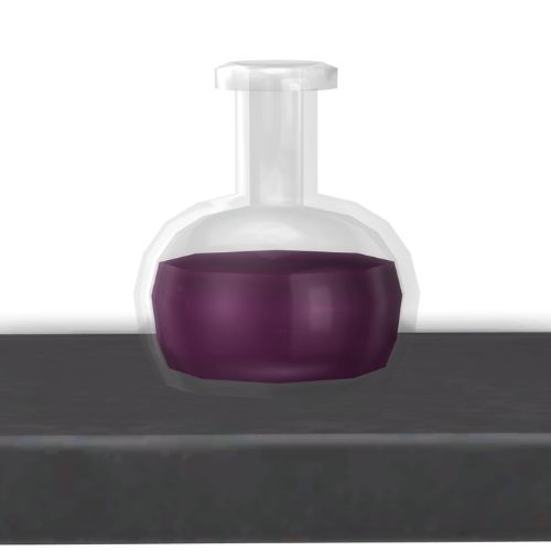 A screenshot from The Sims 4 showing a dark wooden shelf with a scared emotion potion on top