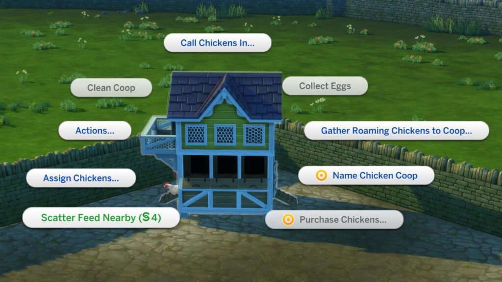 A screenshot from The Sims 4 showing how to scatter feed nearby a chicken coop