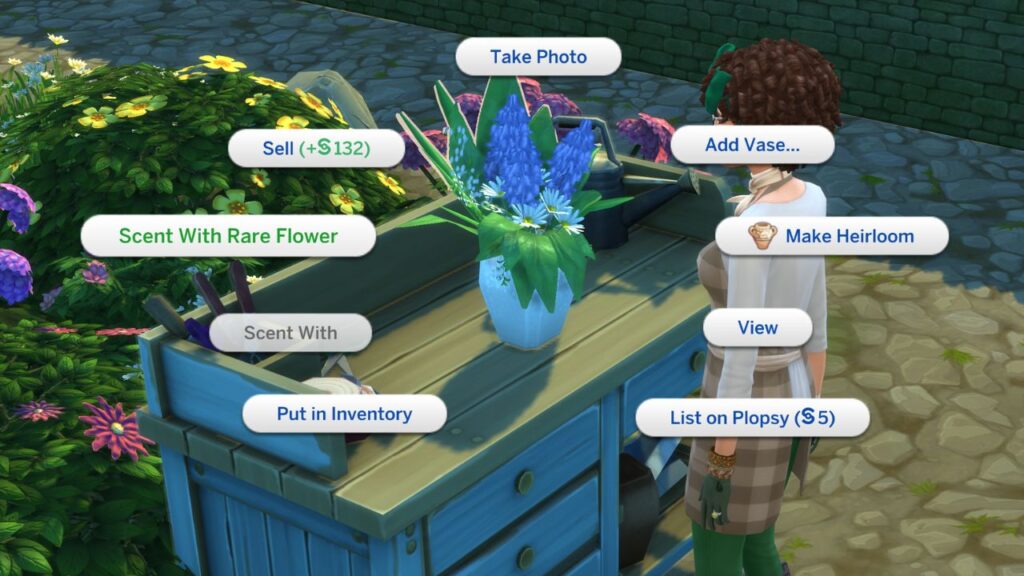 A screenshot from The Sims 4 showing the option to scent a flower arrangement with a rare flower 