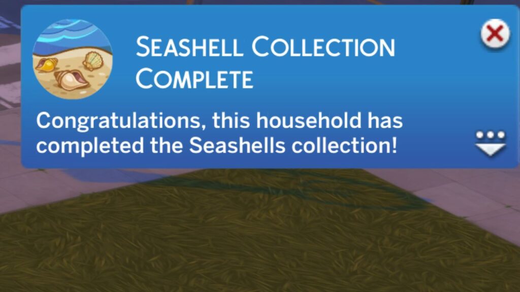 A screenshot from The Sims 4 showing the notification you get when you finish the sea shell collection 