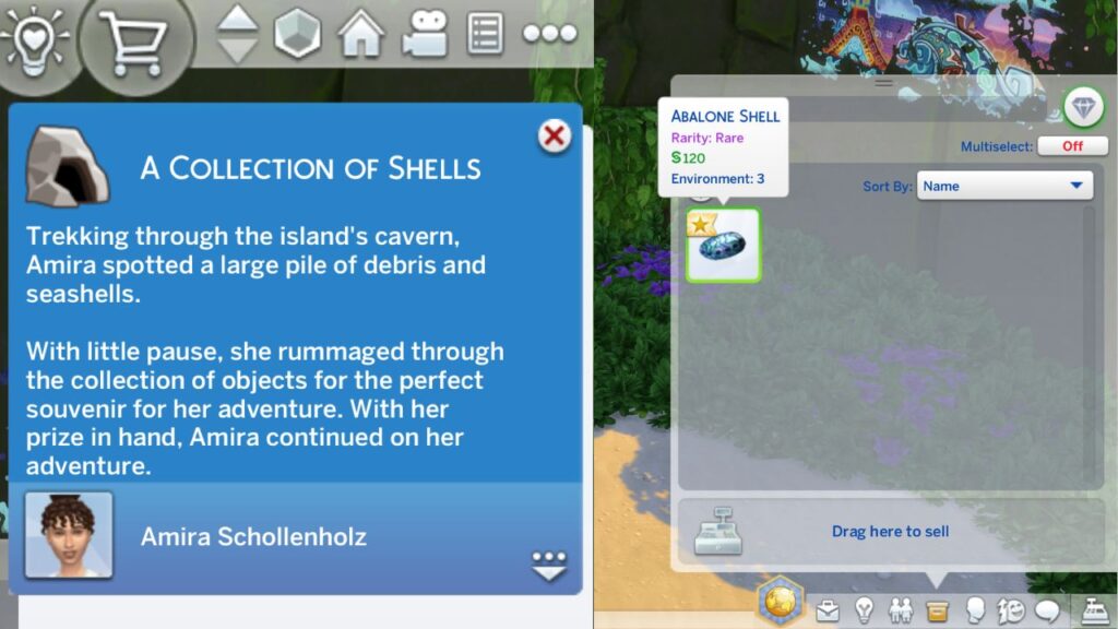A screenshot from The Sims 4 showing a notification from finding a shell in a cave in Sulani 