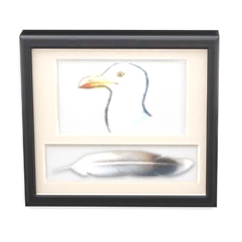 A screenshot from The Sims 4 with a black frame. Inside the frame is a picture of a seagull with a feather underneath