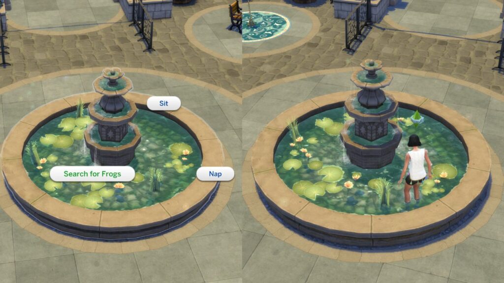 A screenshot from The Sims 4 showing how to search for frogs at family day