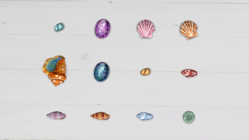 A screenshot from The Sims 4 showing the full seashell collection