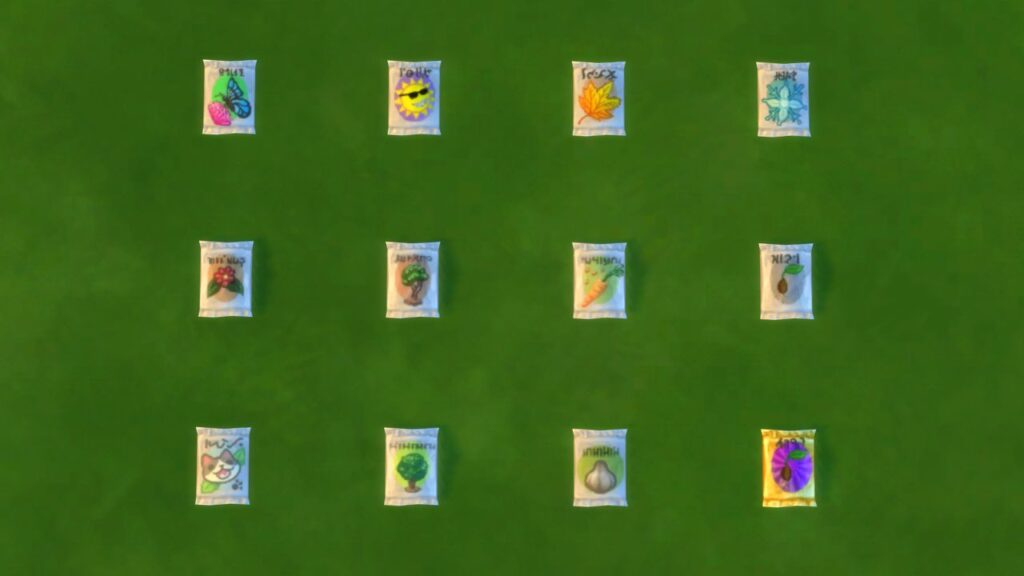 A screenshot from The Sims 4 showing all the seed packets laid out on grass