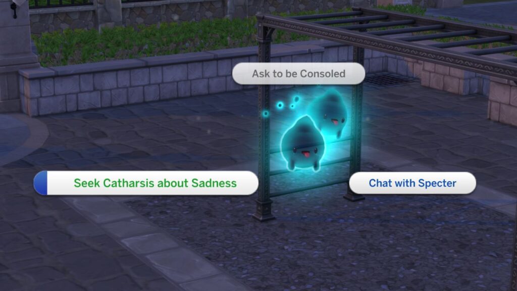 A screenshot from The Sims 4 showing how to seek catharsis about sadness with a specter