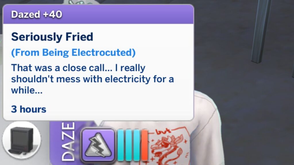 A screenshot from The Sims 4 showing a +40 dazed moodlet called seriously fried 