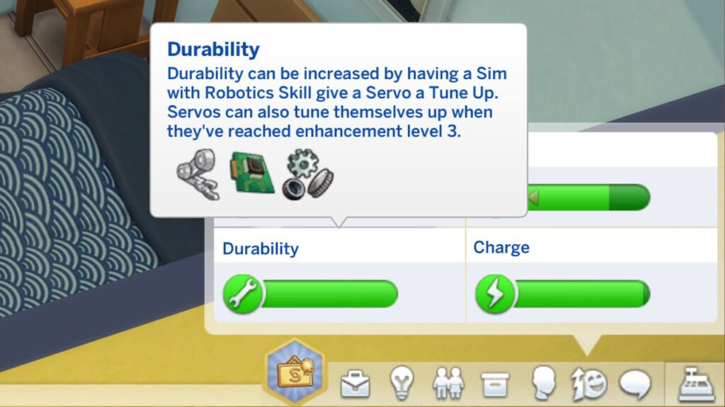 A screenshot from The Sims 4 showing the durability bar for a servo 
