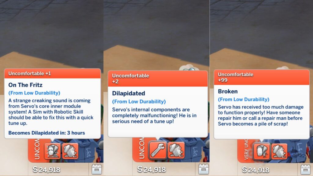 A screenshot from The Sims 4 showing the moodlet stages of a servo losing durability 
