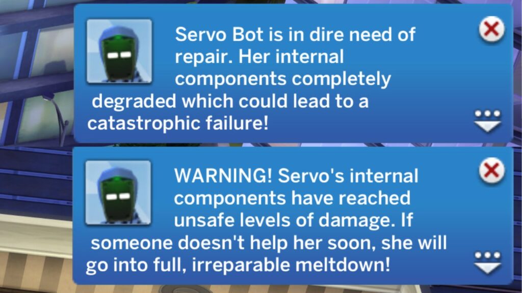 A screenshot from The Sims 4 showing notifications warning of a servo meltdown 