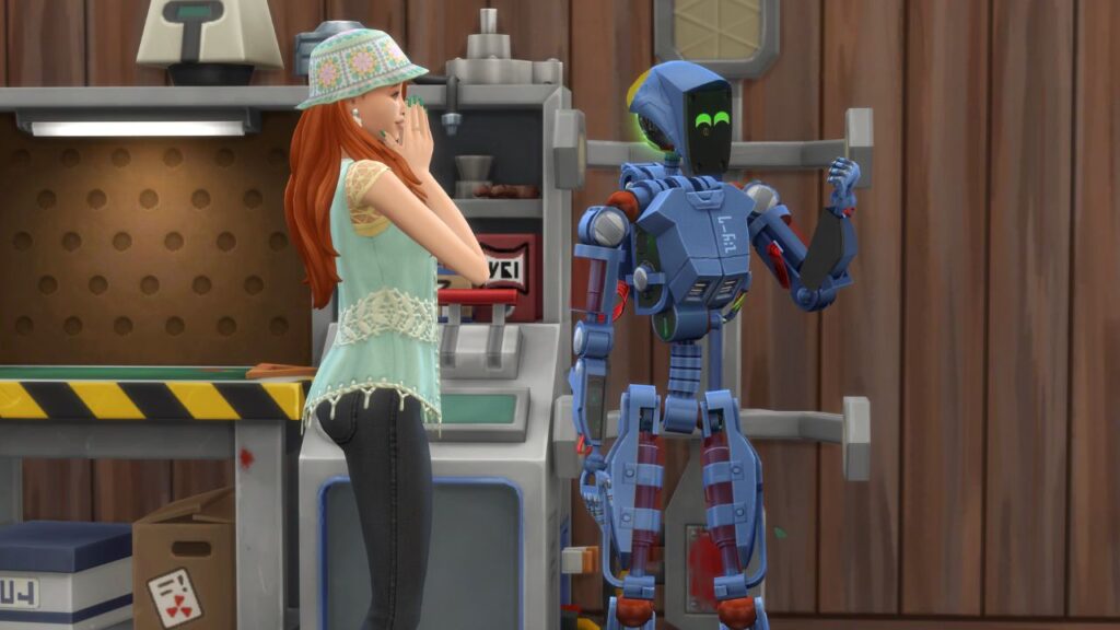 A screenshot from The Sims 4 showing a sim standing next to a servo 