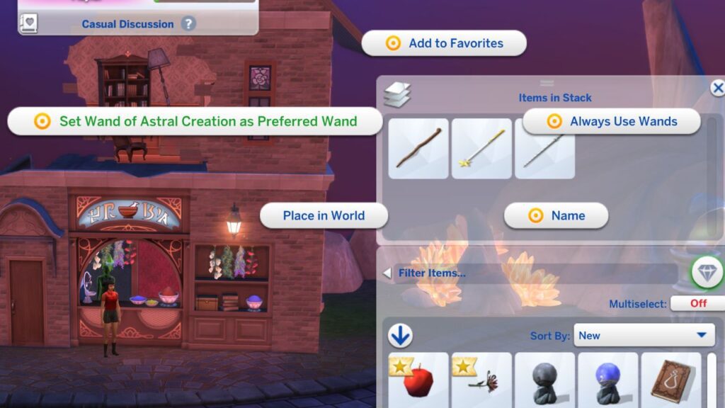 A screenshot from The Sims 4 showing how to set a preferred wand as a spellcaster