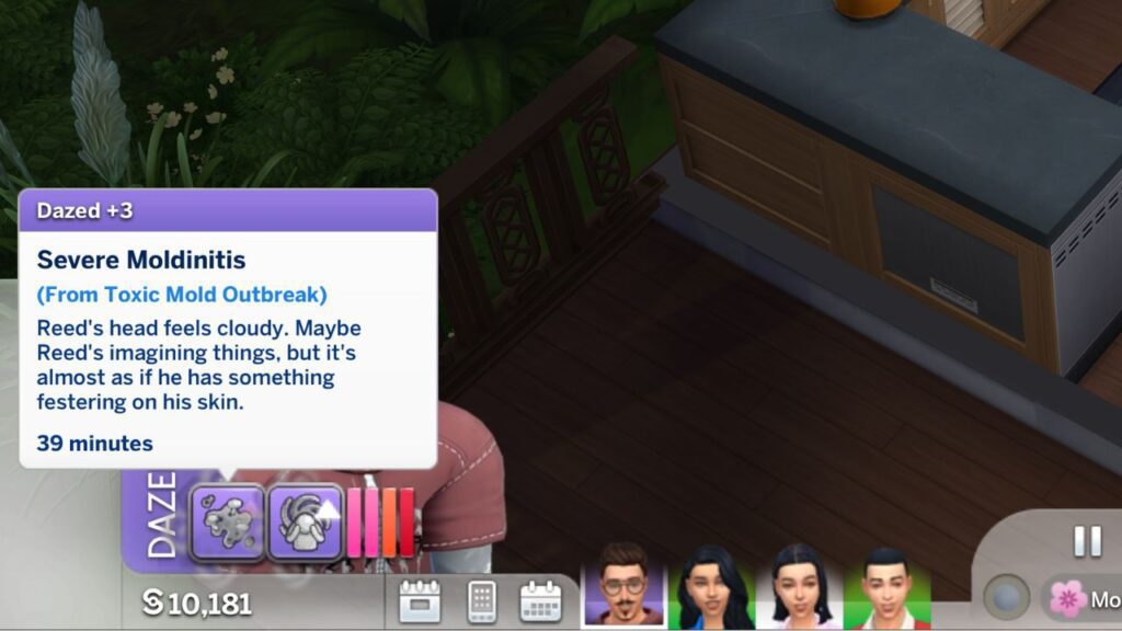 A screenshot from the sims 4 showing he +3 dazed severe moldinitis moodlet 