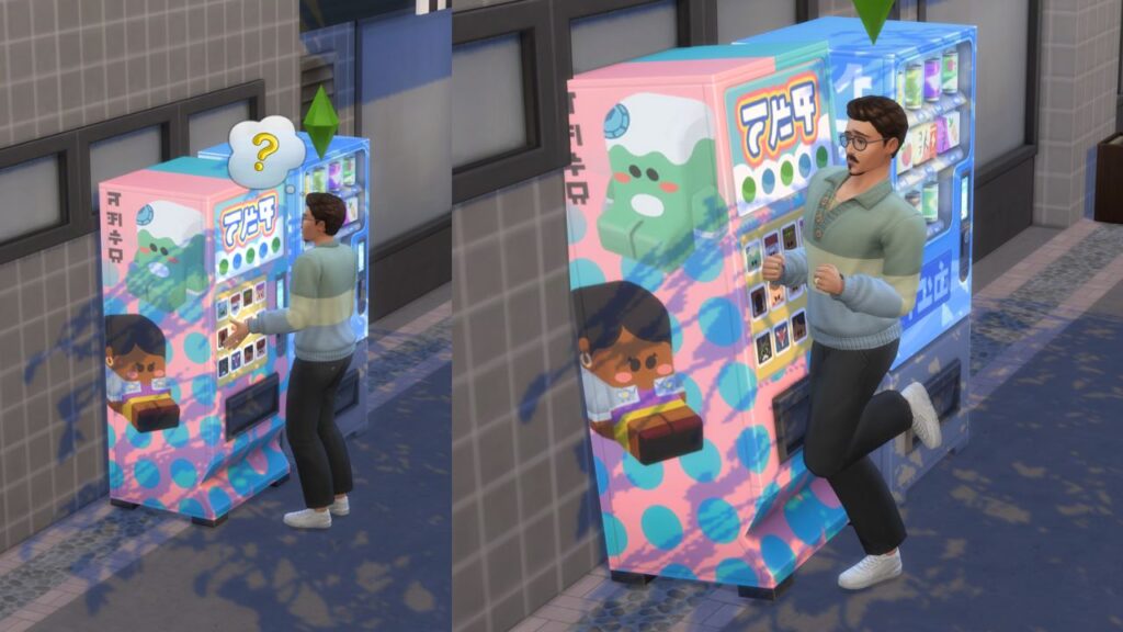 A screenshot from The Sims 4 showing a sim shaking a vending machine 