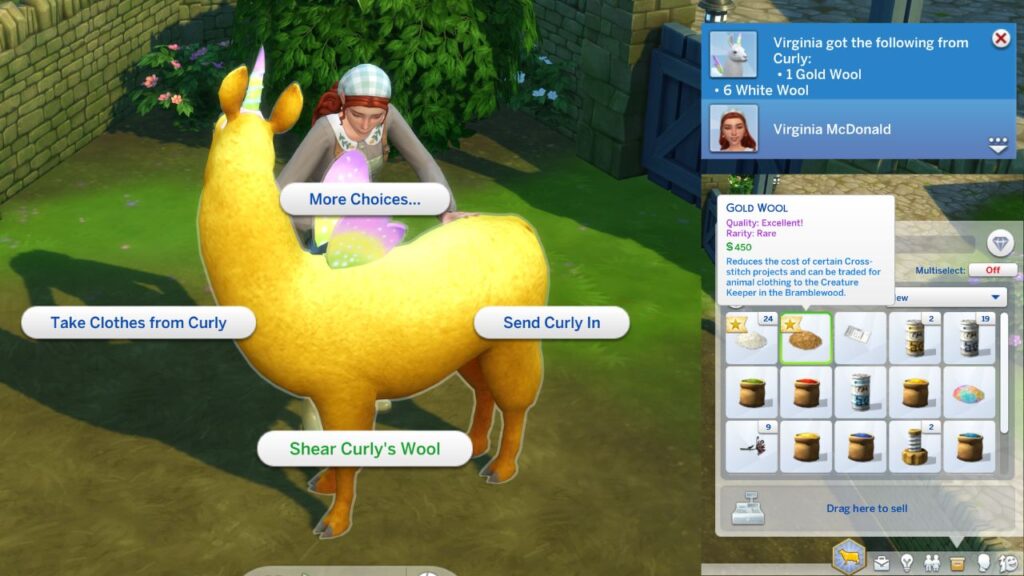 A screenshot from The Sims 4 showing how to shear golden wool