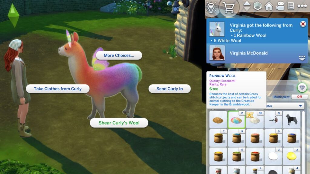 A screenshot from The Sims 4 showing how to shear wool for rainbow wool