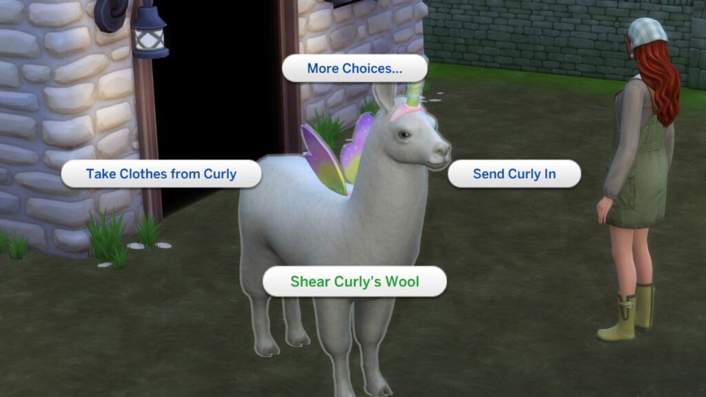 A screenshot from The Sims 4 showing how to shear a llama's wool 